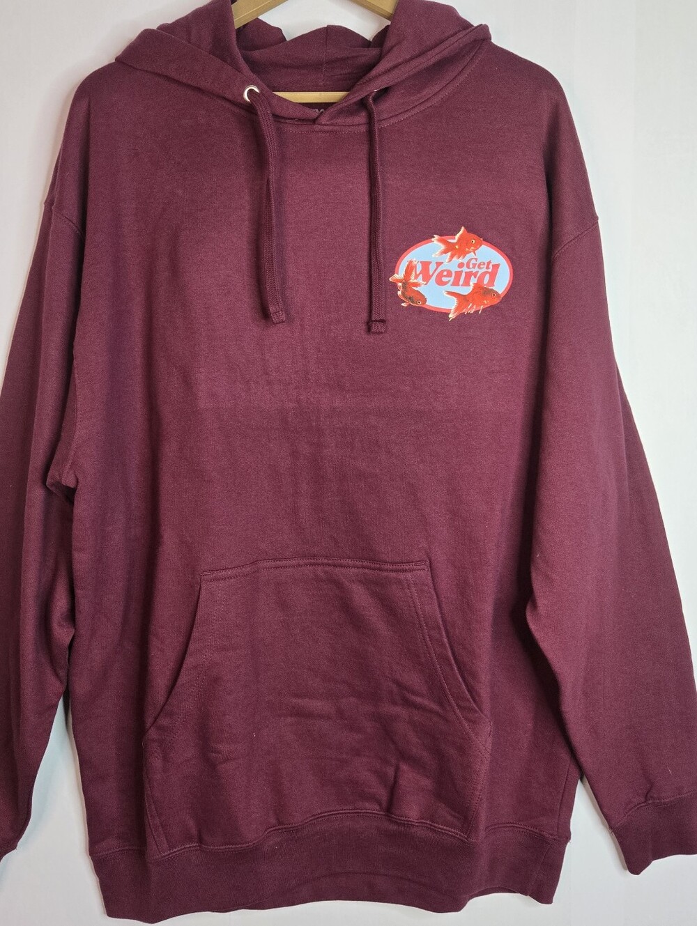 GET WEIRD Unisex Size XL Goldfish Maroon Hoodie, Kangaroo Pouch NWOT